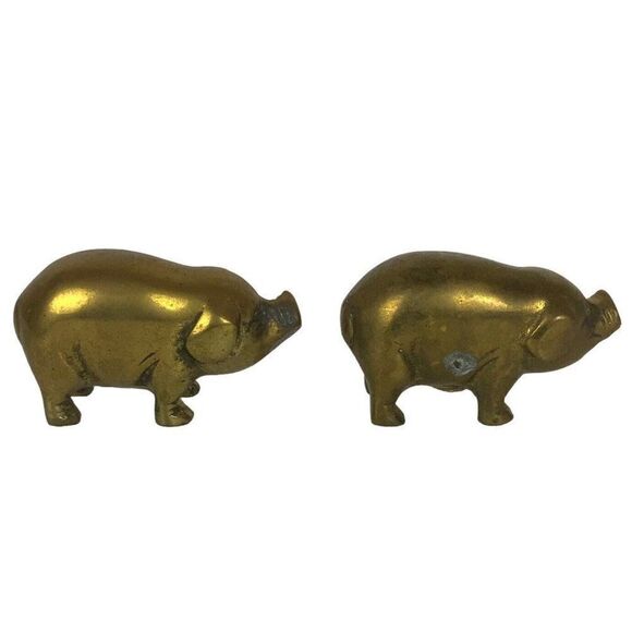 Solid Brass Mini Pig Hog Figurines Set Of 2 Gold Patina Farm Animal Vtg Korea - Picture 3 of 7